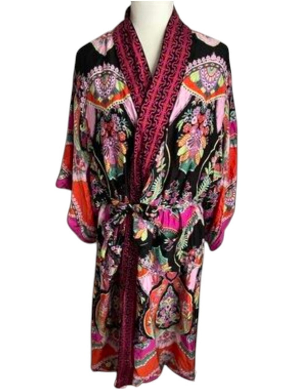 Rachel Zoe Black Kimono Robe with Pink & Orange Floral Print